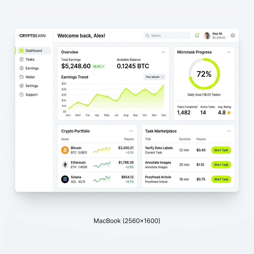 Modern clean UI dashboard showing JumpTask cryptocurrency and credits earnings